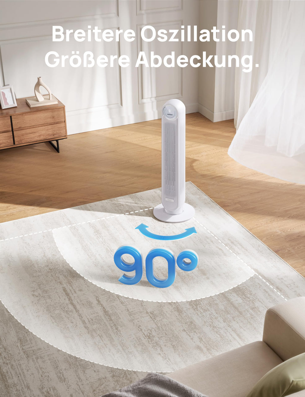 Dreo 20dB Leiser Turmventilator, 10 m Wurfweite 4 Geschwindigstufen 4 Modi 8 Std. Timer 90° oszillierende Ventilator mit Kühlung Fernbedienung für Schlafzimmer, Nomad One, Weiß