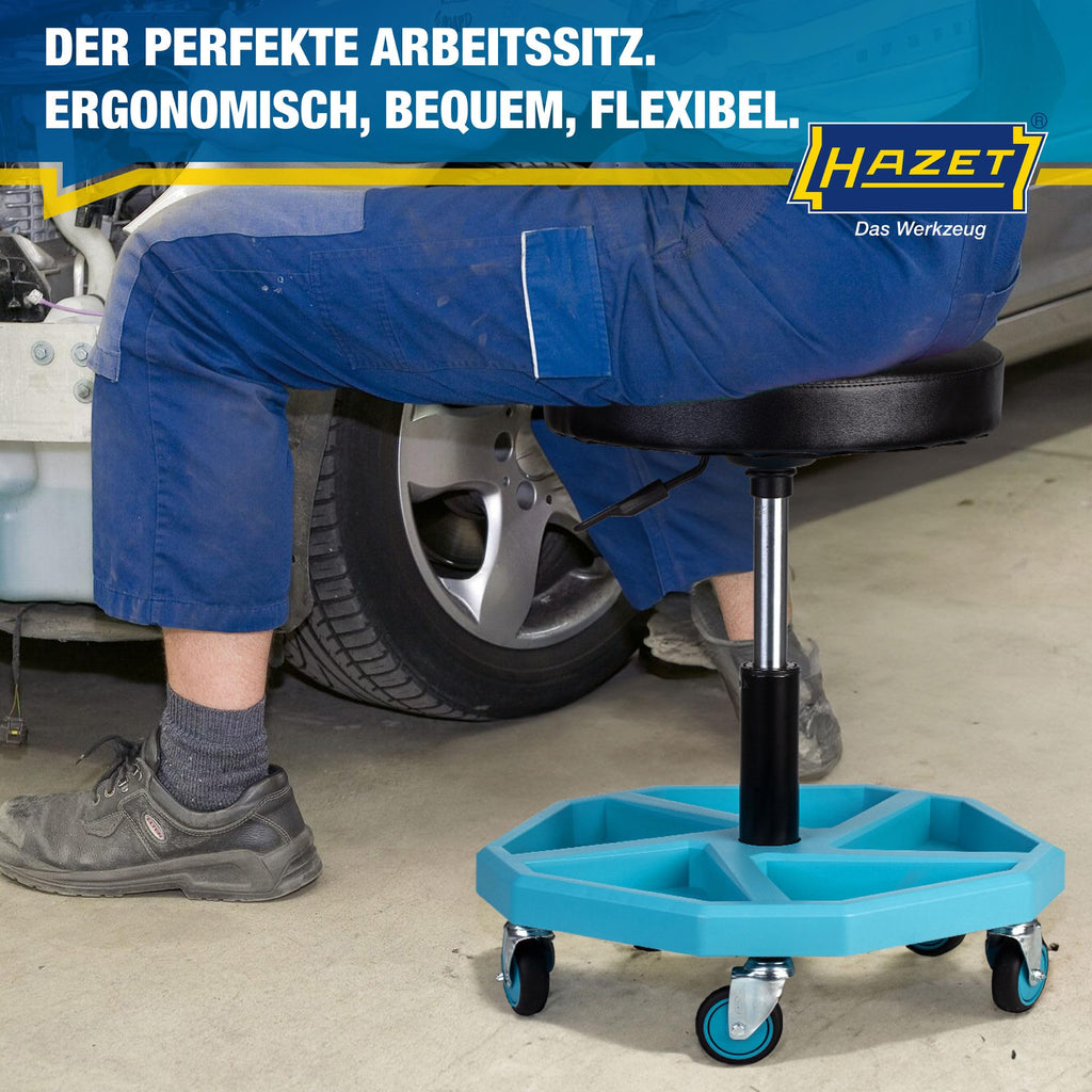 HAZET Arbeitssitz 195N-4; stabile Vierkant-Rohrrahmenkonstruktion; 5 Leichtlaufrollen 75 mm; höhenverstellbar 430-550 mm; belastbar bis 150 kg; großes Sitzkissen 350 mm