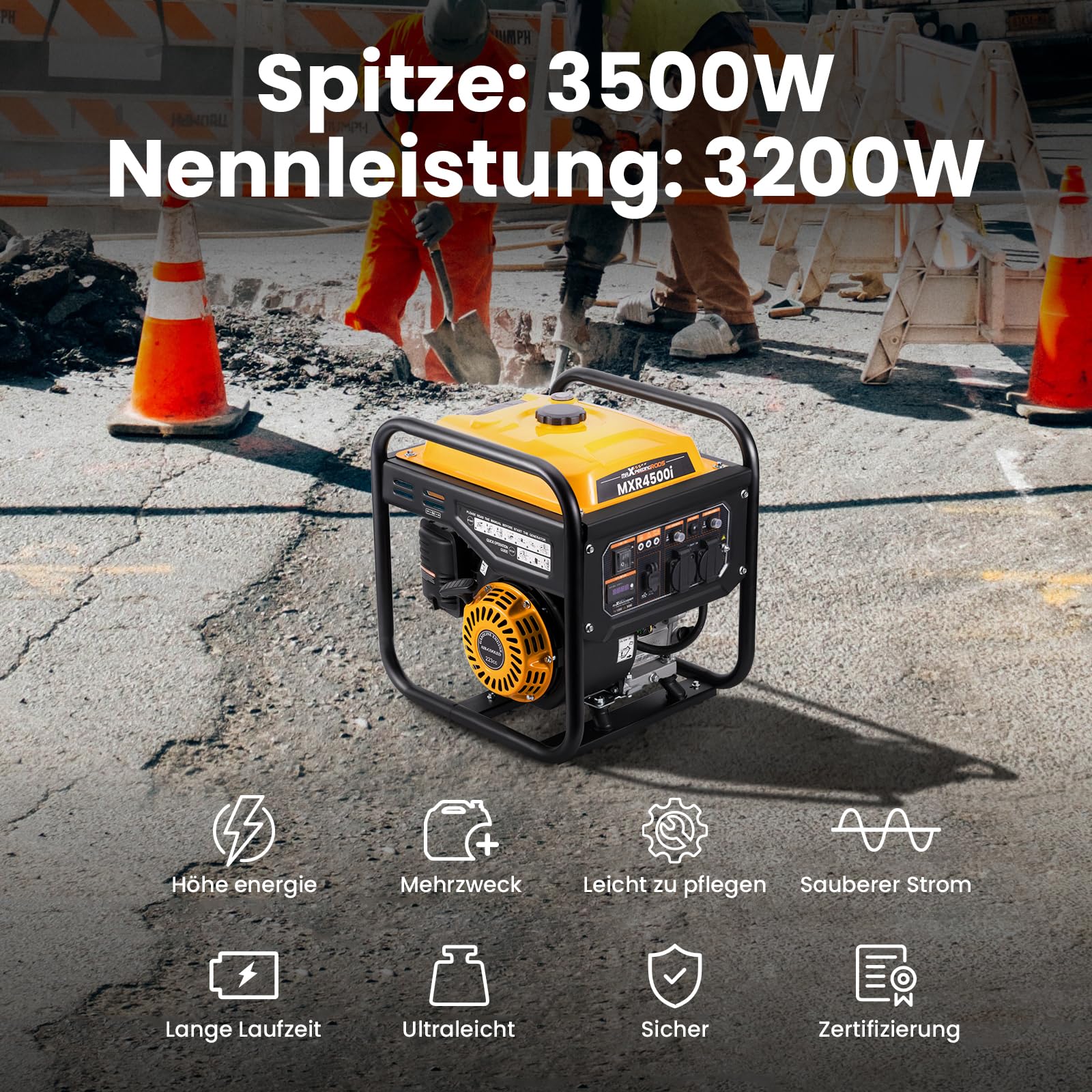 maXpeedingrods Inverter Stromgenerator 3500W Benzin 4 Takt mit zwei 230V Steckdosen Leise und leicht als Notstromaggregat hausversorgung für Garage Werkstatt Baustelle