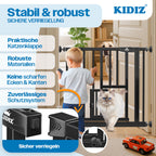 KIDIZ Absperrgitter zum Klemmen mit Katzenklappe, Türschutzgitter, Autoclose Kinder Treppengitter ohne Bohren | 90° Stopp Schutz, schwenkbar, Treppenschutzgitter, Schwarz, Breite: 81-87 cm