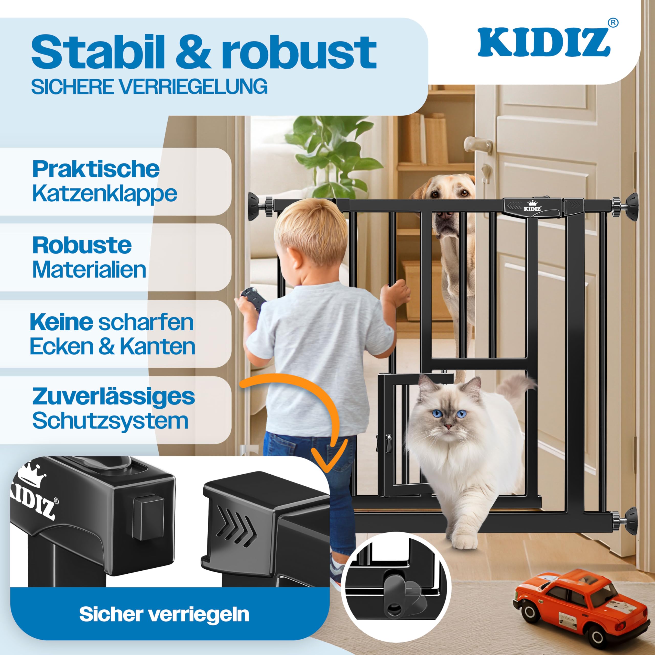 KIDIZ Absperrgitter zum Klemmen mit Katzenklappe, Türschutzgitter, Autoclose Kinder Treppengitter ohne Bohren | 90° Stopp Schutz, schwenkbar, Treppenschutzgitter, Schwarz, Breite: 81-87 cm