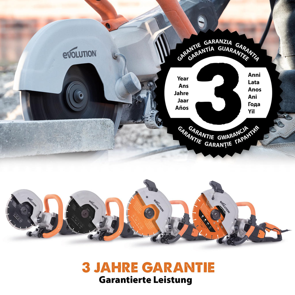 Evolution R230DCT Betonsäge Elektrische Steinsäge 2000W Steinschneidemaschine 230 mm Scheibendurchmesser Sägeblatt Diamantblatt Nicht Enthalten, 90 mm Schnitttiefe, Schneidet Mauerwerk und Beton