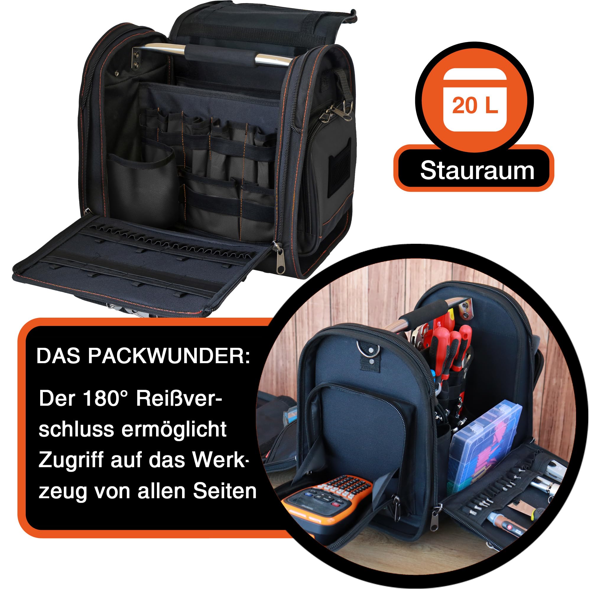 YPC Foreman Werkzeugtasche XL– Tragbare Aufbewahrungstasche mit Karabinerhaken, Wasserfest, Reißfest, Stabiler Metallgriff & Schultergurt mit Polsterung, Schwarz, 37x36x27cm – 20 kg Tragkraft