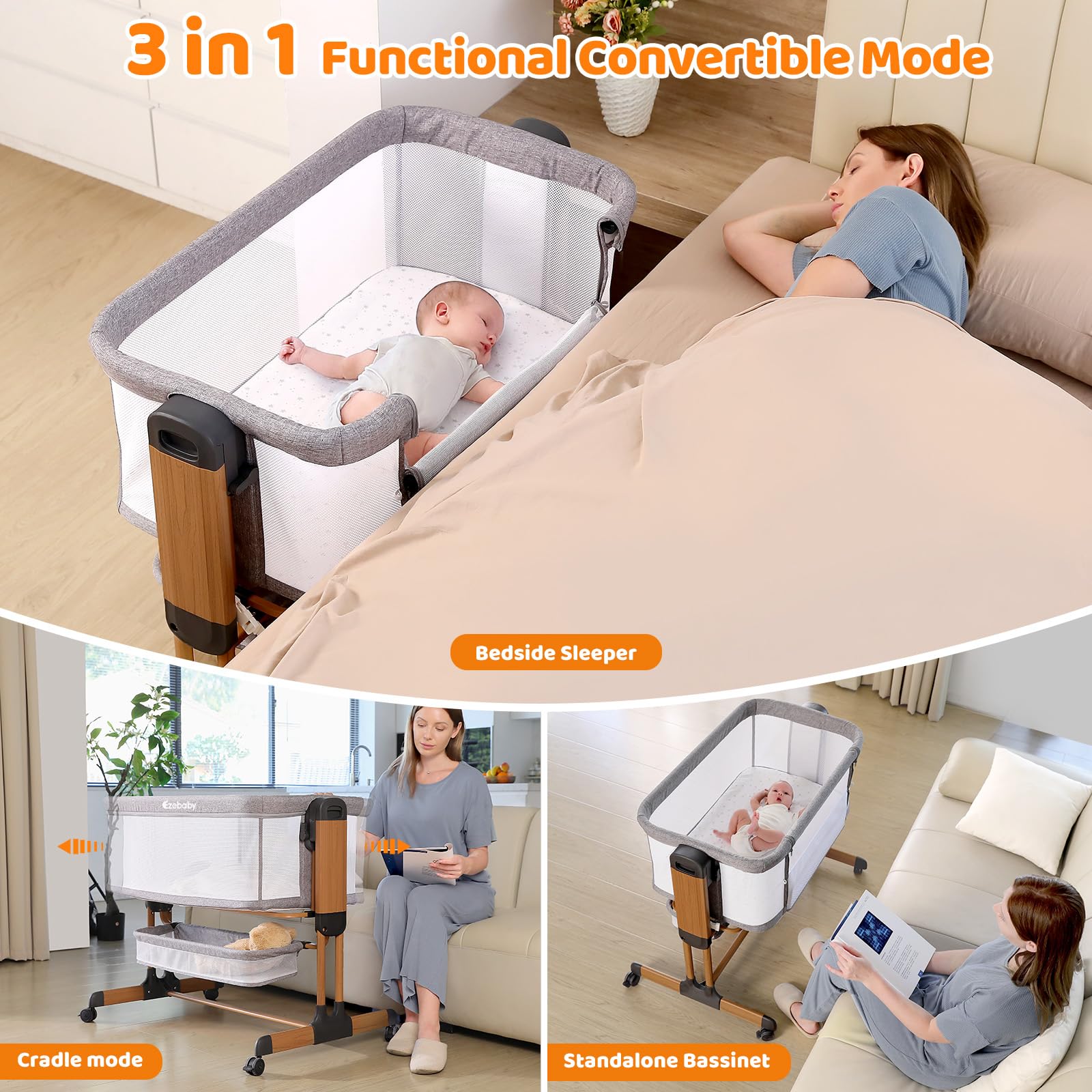 Growaystory 3 in 1 Baby-Beistellbett, Babybett mit Weich Matratze, Sicher Getestet & Vielseitig Einsetzbar, 7-Fach Höhenverstellung, Faltbare Seitenwand mit Rollen für Zuhause und Unterwegs