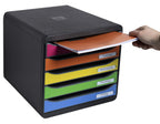 Exacompta 309798D Premium Ablagebox mit 5 Schubladen für DIN A4+ Dokumente. Stapelbare Schubladenbox mit hoher Kapazität für mehr Platz auf dem Schreibtisch Big Box Iderama Schwarz|Bunt