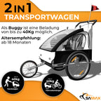 SAMAX Fahrradanhänger Jogger 2in1 Kinderanhänger Kinderfahrradanhänger Transportwagen vollgefederte Hinterachse für 2 Kinder in Weiß/Schwarz - Silver Frame