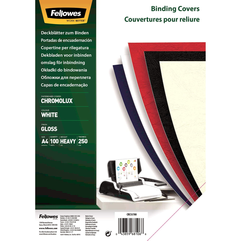 Fellowes Präsentationsdeckblatt Chromolux, Karton mit Lederstruktur, A4, 250 g/m² starker Karton, Farbe: weiß, 100 Stück