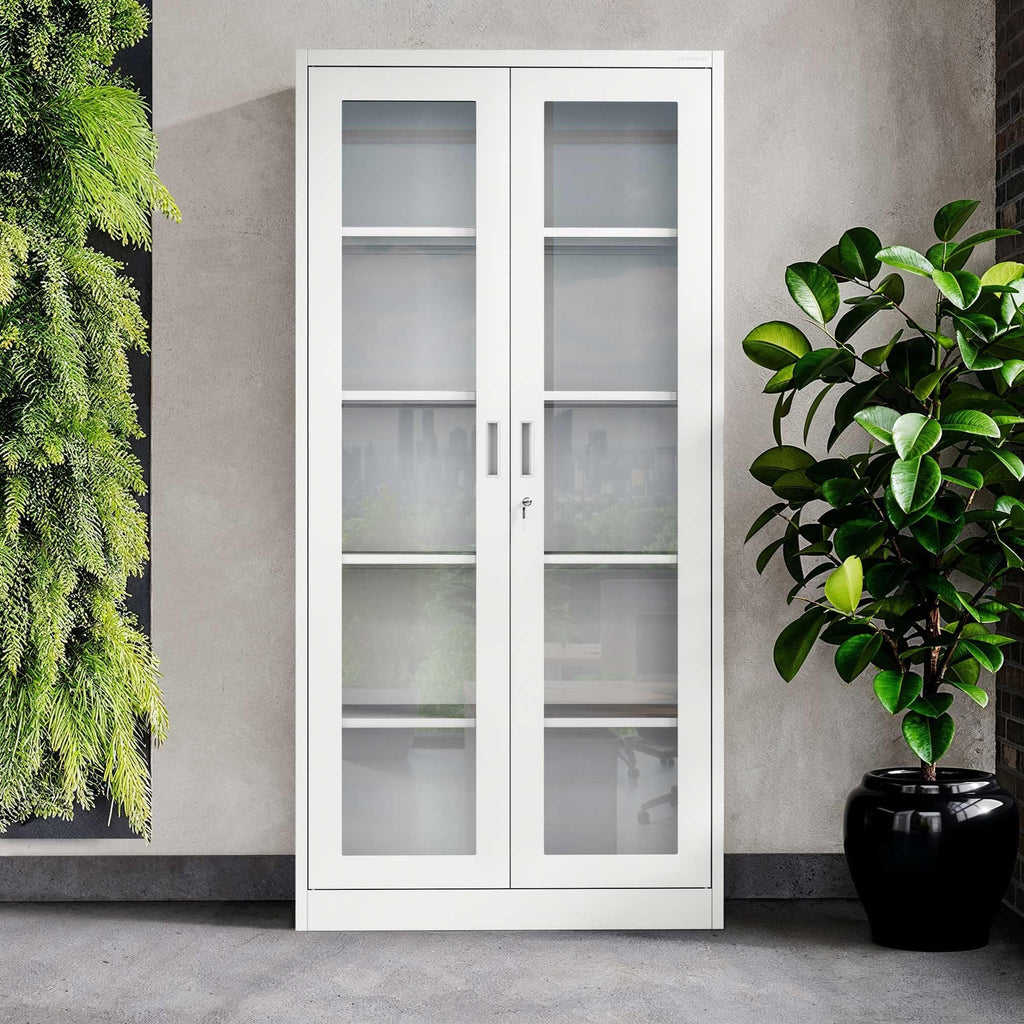Jan Nowak Aktenschrank C012 Glasvitrine Büroschrank Universalschrank Flügeltürschrank Stahlblech Pulverbeschichtung abschließbar 185 cm x 90 cm x 40 cm (Weiß)