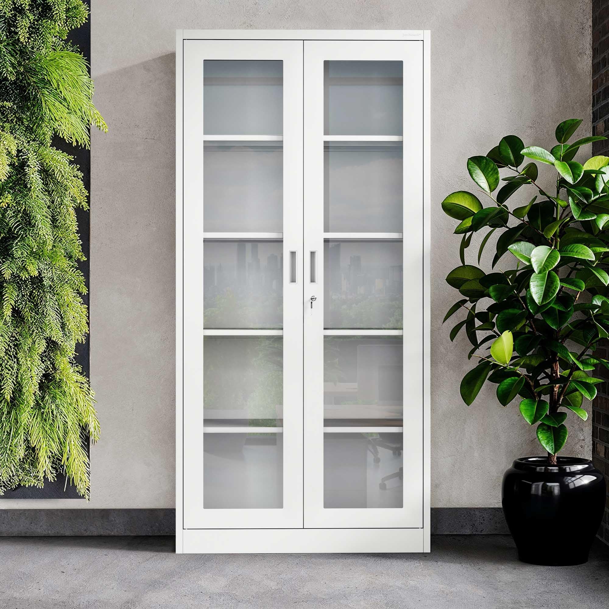 Jan Nowak Aktenschrank C012 Glasvitrine Büroschrank Universalschrank Flügeltürschrank Stahlblech Pulverbeschichtung abschließbar 185 cm x 90 cm x 40 cm (Weiß)