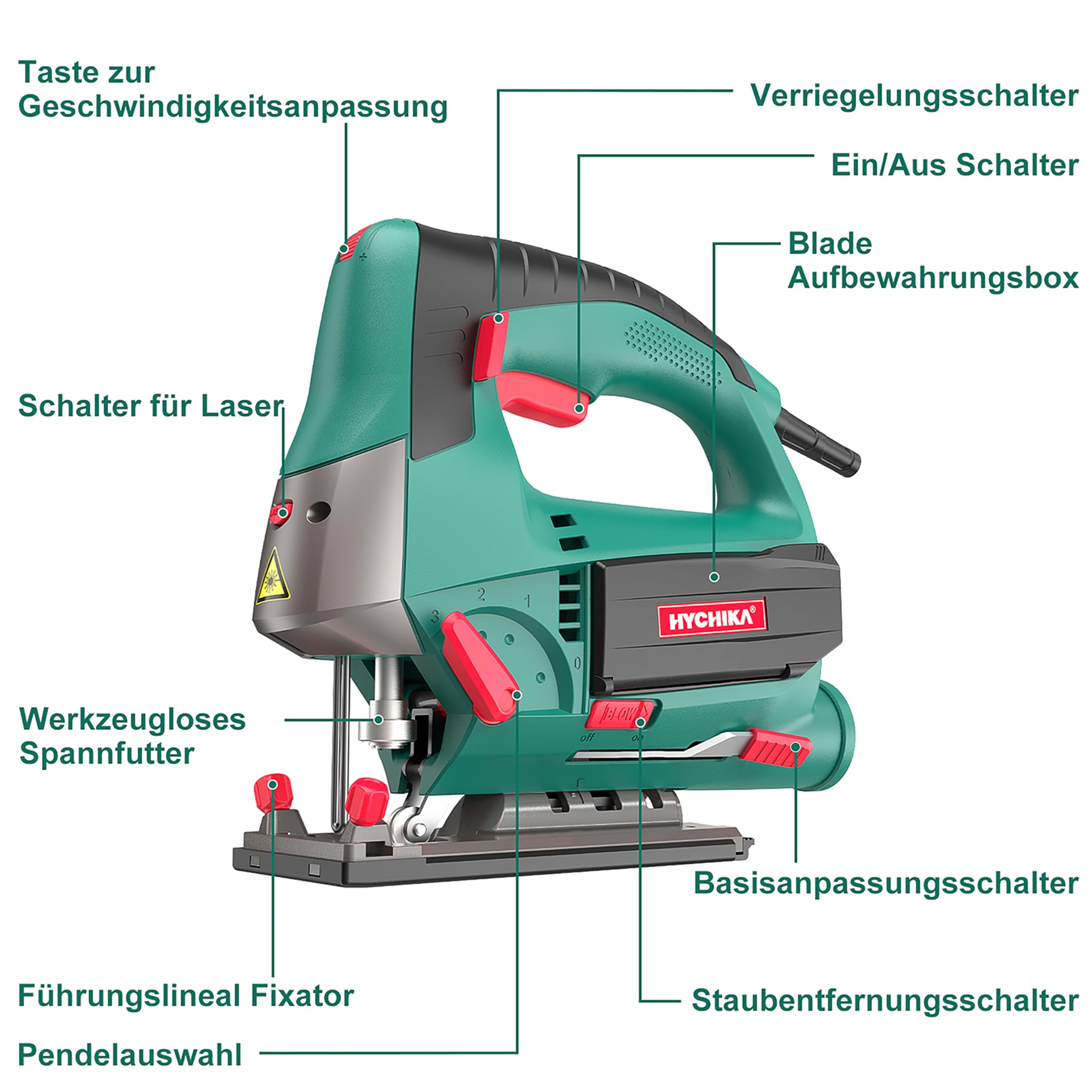 HYCHIKA Stichsäge, 800W Max Holz Schnitttiefe 110mm, 800-3000SPM Elektrische Stichsäge mit Laser, 6 Blätter, Fasenschneiden: -45 °bis 45°