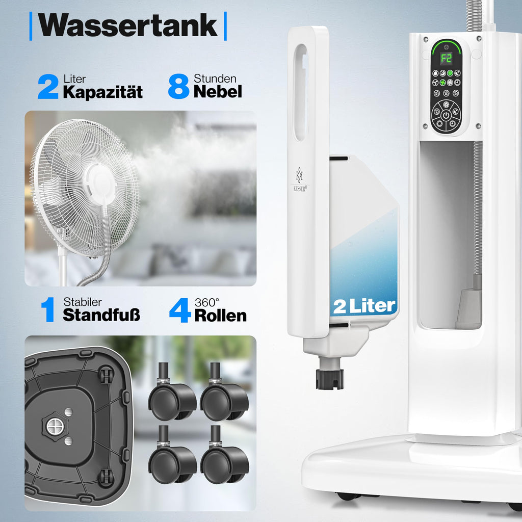 KESSER® Stand-Ventilator Frosty mit Wasser Ultraschall-Sprühnebel Wasserkühlung, inkl. Fernbedienung Timer-Funktion, Luftbefeuchter Leise, Nebelfunktion, Standventilator, Weiß
