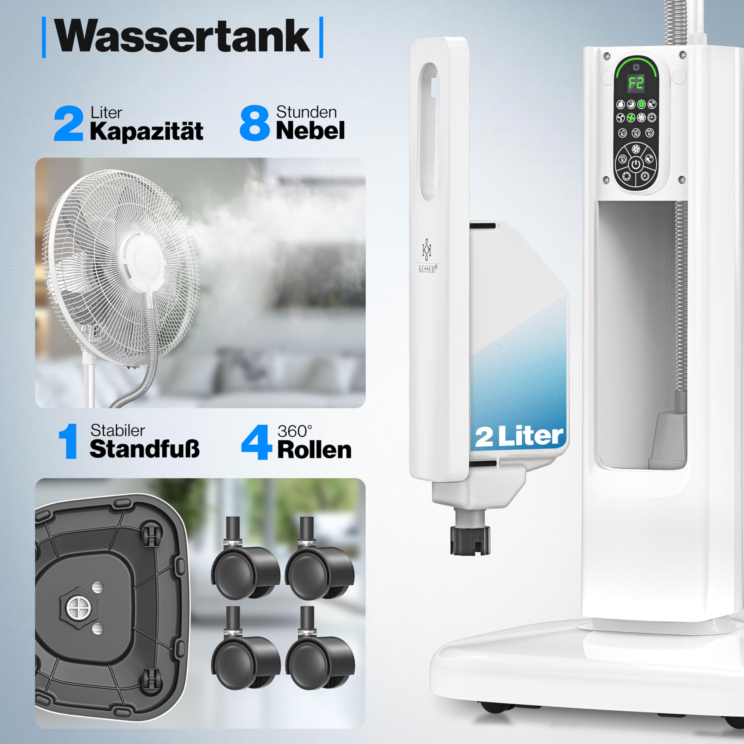 KESSER® Stand-Ventilator Frosty mit Wasser Ultraschall-Sprühnebel Wasserkühlung, inkl. Fernbedienung Timer-Funktion, Luftbefeuchter Leise, Nebelfunktion, Standventilator, Weiß