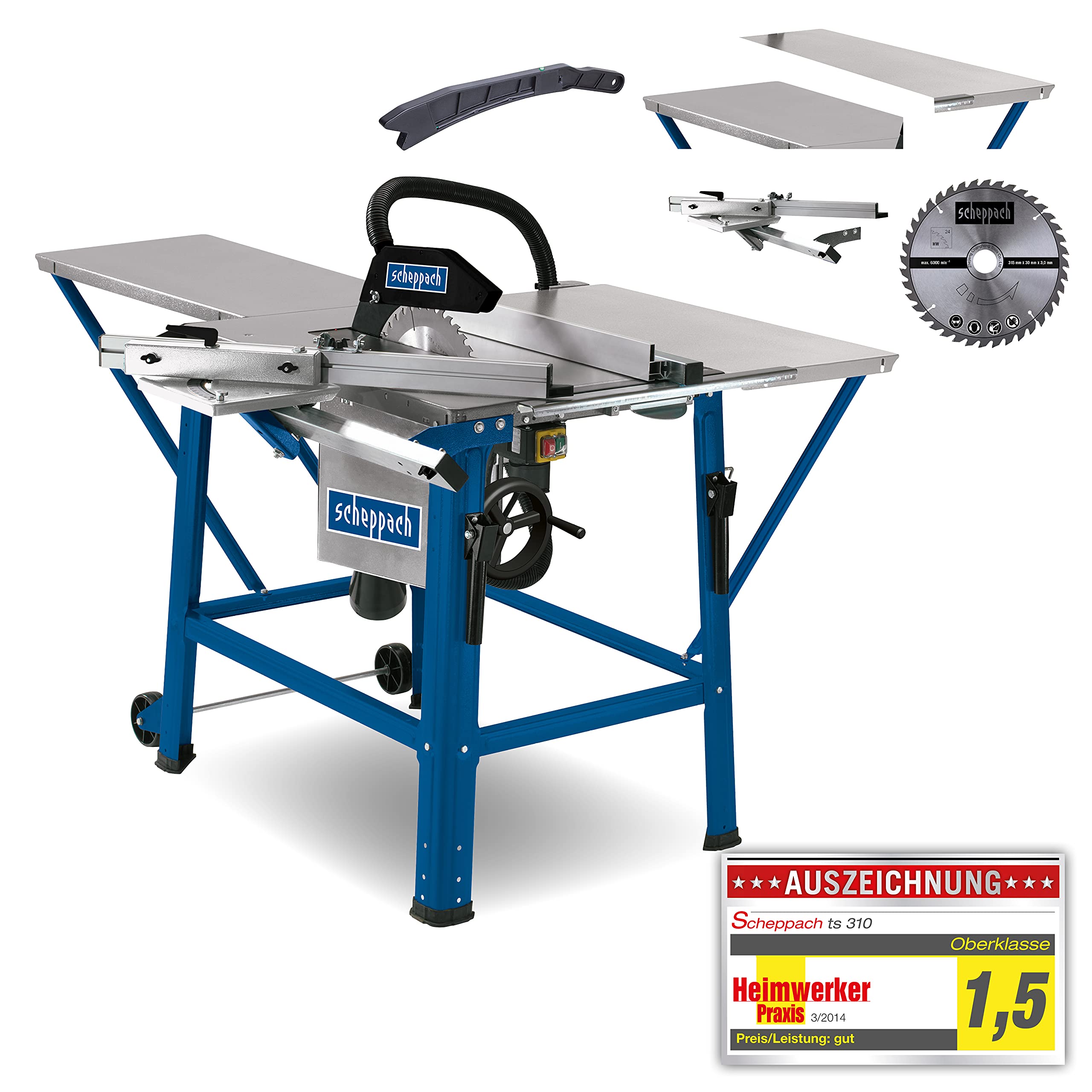 Scheppach Tischkreissäge TS310 | 230V Anschluss | 2200W Leistung | Sägeblatt Ø315mm | Schnitthöhe 83 mm | mit Tischverbreiterung, 2. Sägeblatt, Führungsschiene & Schiebeschlitten | schwenkbar bis 45°