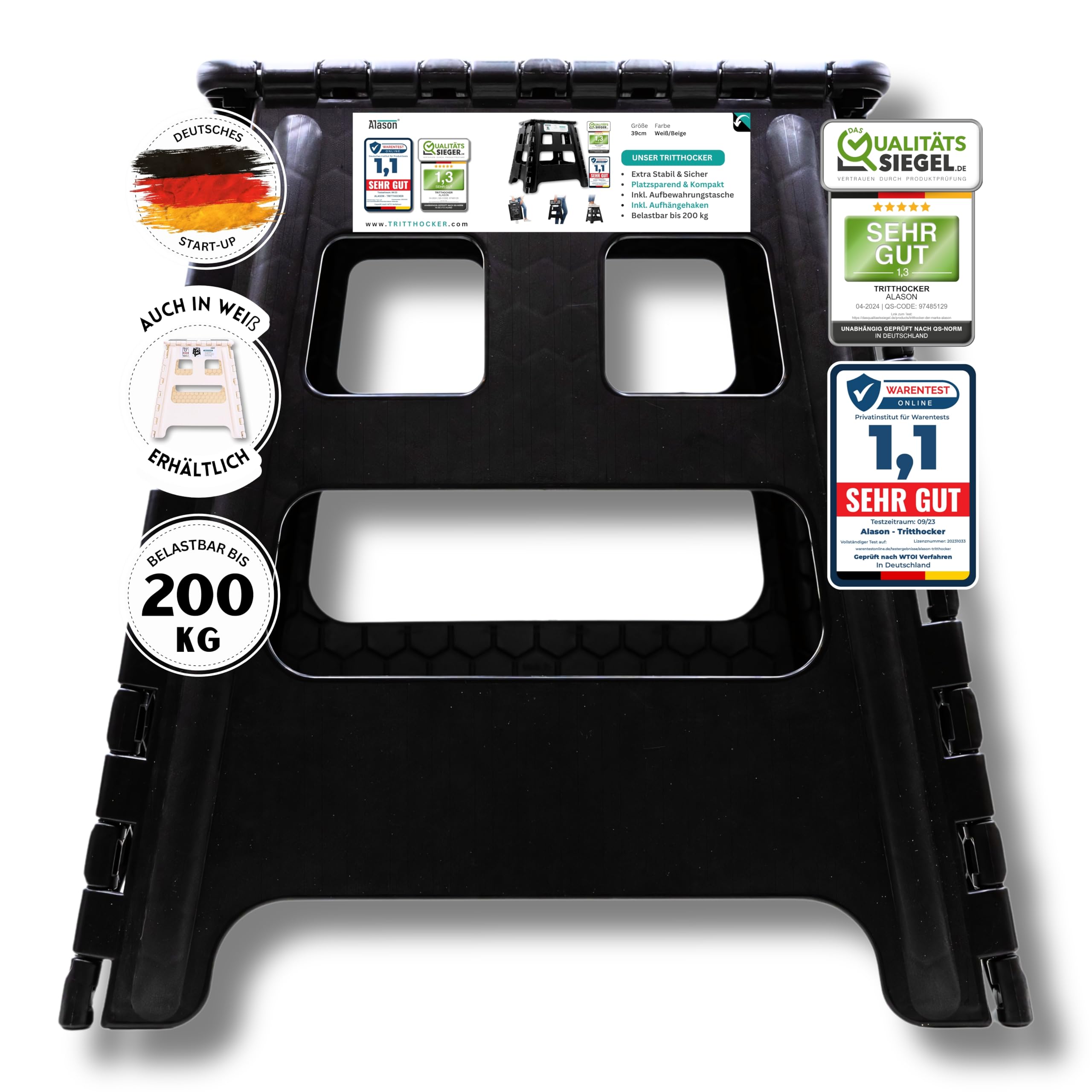 VERGLEICHSSIEGER - Alason® Tritthocker Klappbar 39cm, Belastbar bis 200kg – Mit Aufhängehaken & Aufbewahrungstasche – Platzsparender, Faltbarer Hocker in Anthrazit/Schwarz für Zuhause, Küche & Bad