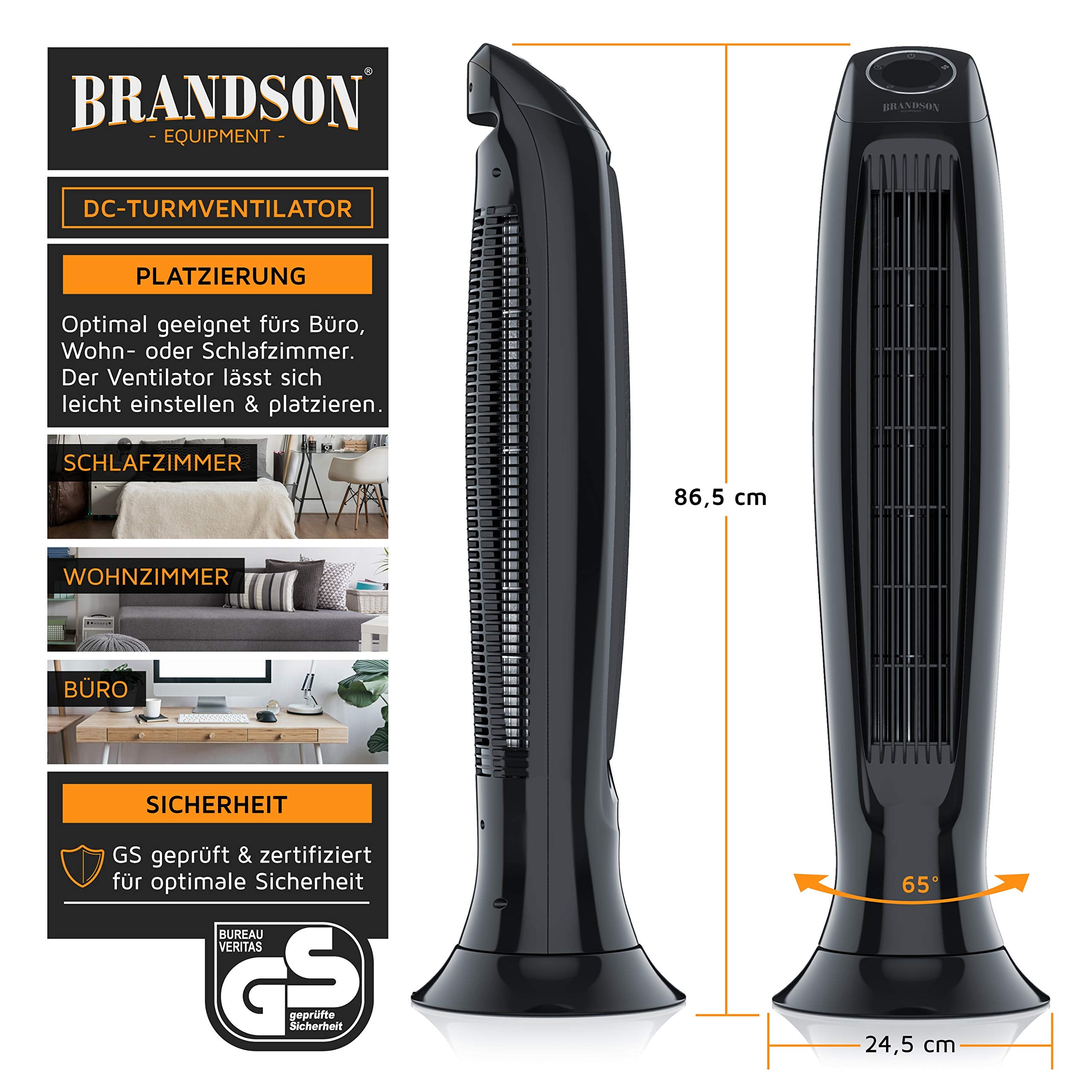 Brandson - Turmventilator Silent ECO Green - Preisträger 2025-9 Geschwindigkeitsstufen - DC Standventilor mit Fernbedienung - Oszillation - Ventilator mit Timer - sehr leise - energiesparend