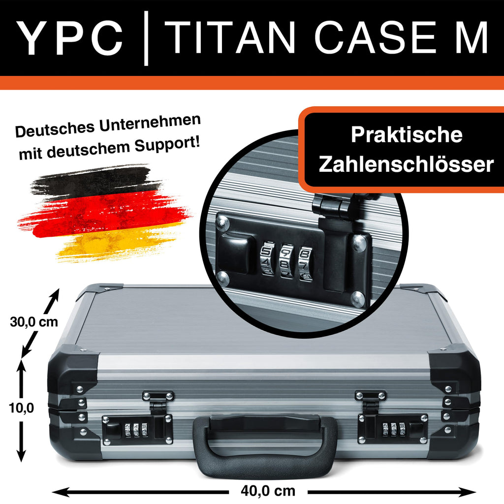 TitanCase M - Alukoffer 40x30x10 cm mit Würfelschaum, Universalkoffer, Drohnenkoffer, Pistolenkoffer, Werkzeugkoffer leer, mit Zahlenschloss, Titangrau