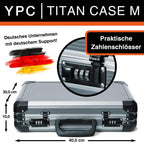 TitanCase M - Alukoffer 40x30x10 cm mit Würfelschaum, Universalkoffer, Drohnenkoffer, Pistolenkoffer, Werkzeugkoffer leer, mit Zahlenschloss, Titangrau