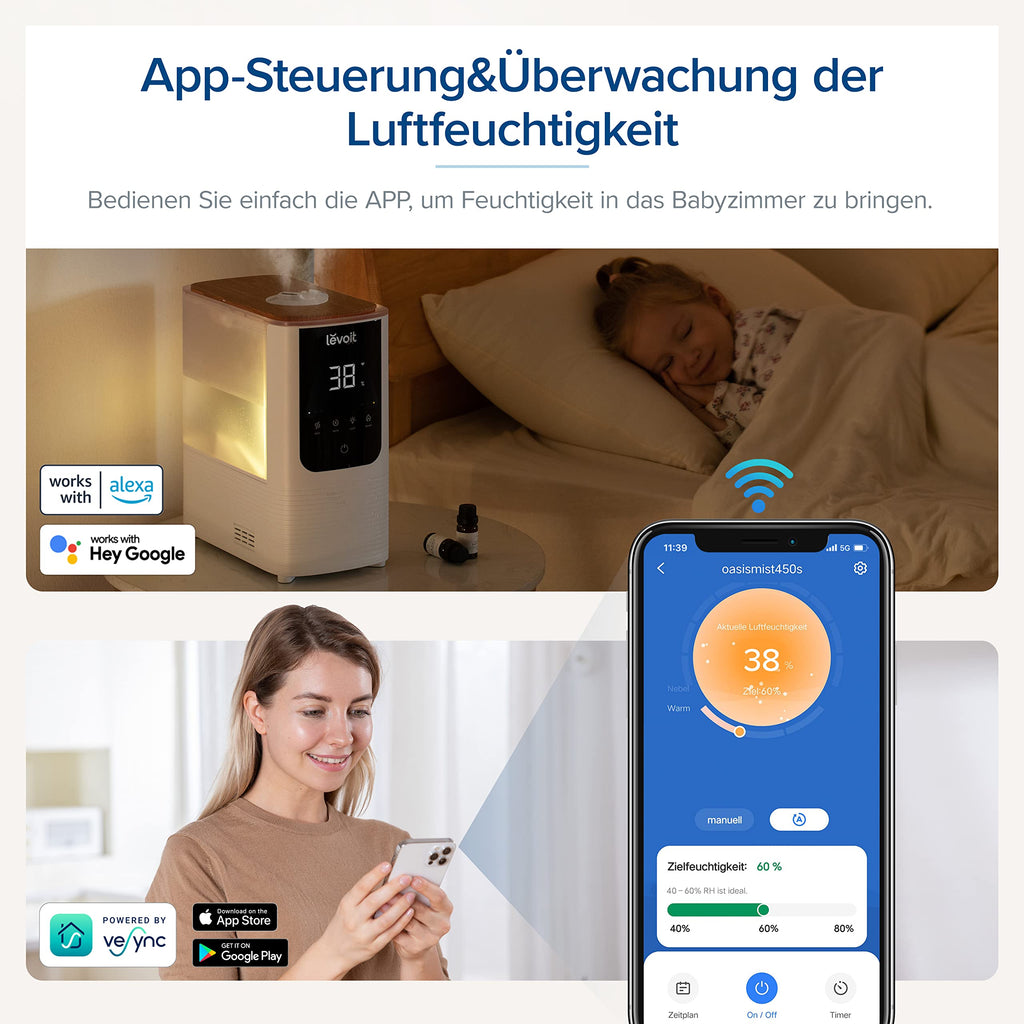 Levoit Top-Fill Luftbefeuchter, Smart Humidifier, Warm&Kalter Nebel max 550 ml/h, bis 40㎡, leise Raumbefeuchter mit Nachtlicht für Kinderzimmer, Pflanzen, Auto Shut-off, 4,5 L, Mondweiß