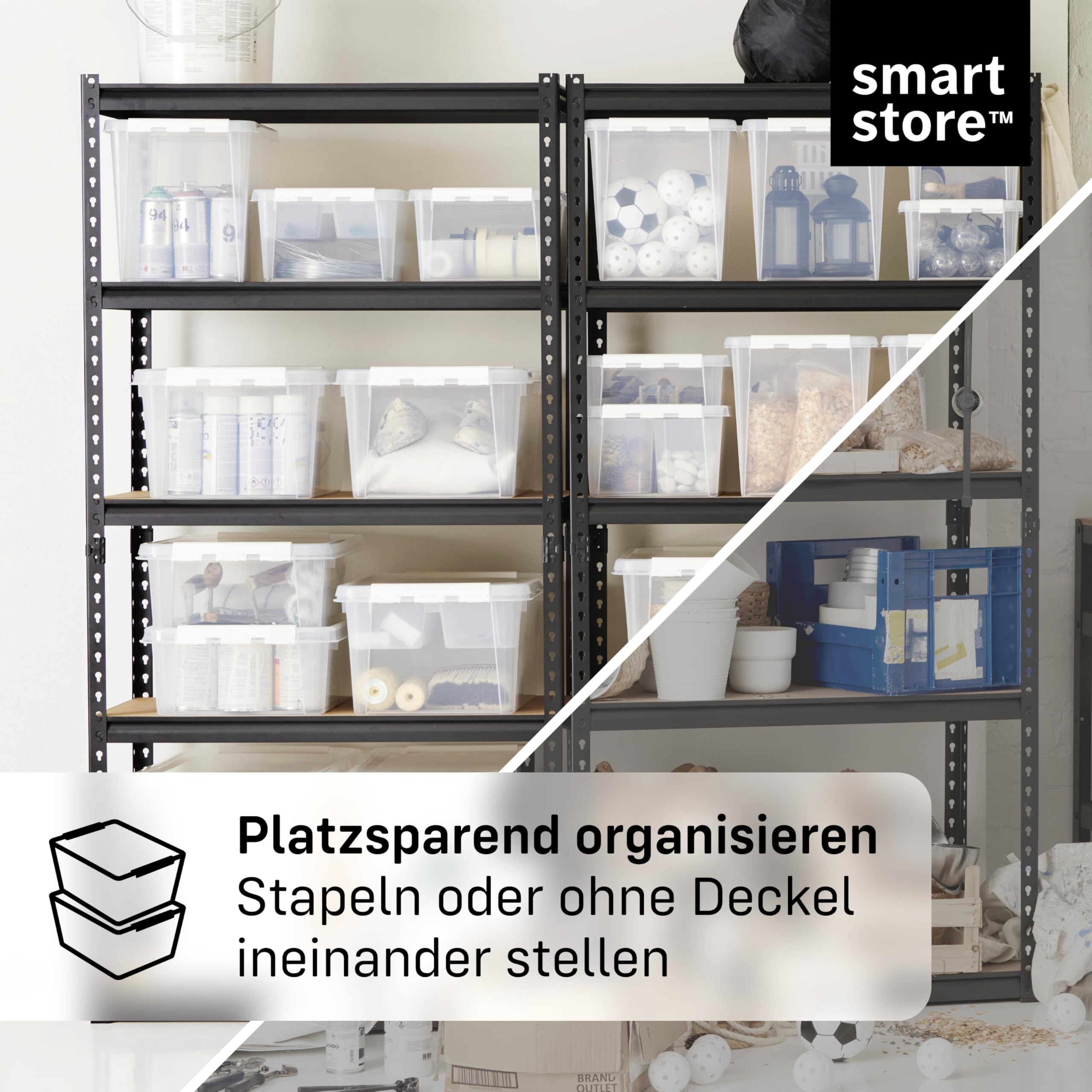 SmartStore Aufbewahrungsboxen 3er-Set 52L I Stapelbare Kunststoffbox mit Deckel I BPA-frei & lebensmittelecht I Organizer für Hauswirtschaftsraum oder Garage I durchsichtig und mit Clipverschluss