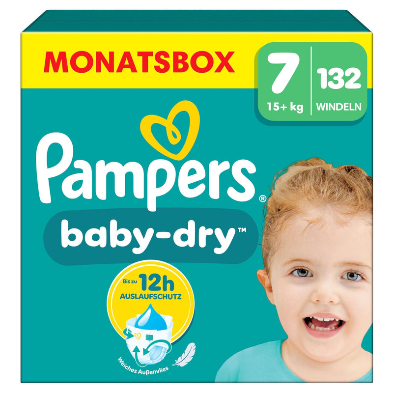 Pampers Baby-Dry Größe 7, 132 Windeln, 15kg+, Bis zu 100% Auslaufschutz & Komfort die ganze Nacht
