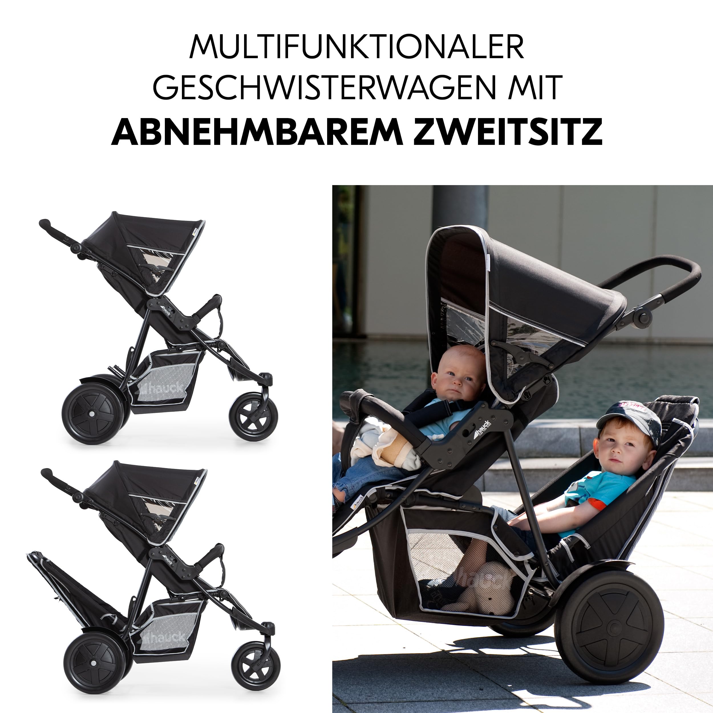 hauck Freerider, Schwarz - 3 Rad Geschwisterbuggy mit Regenschutz für 2 Kinder - Oberer Sitz mit Liegefunktion ab Geburt - Unterer Sitz ab 6 Monaten - Max. 15 Pro Sitz - Höhenverstellbar