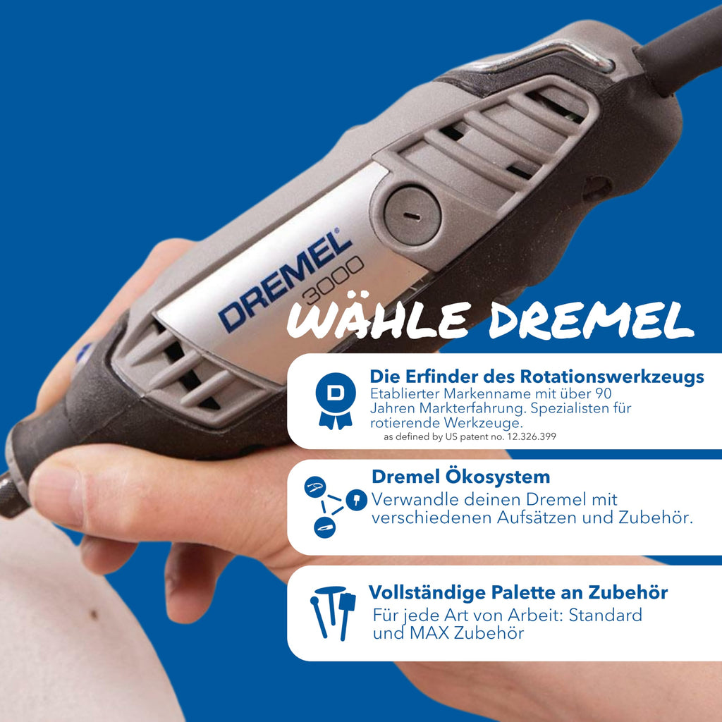 Dremel 3000 Multifunktionswerkzeug 130W, Set mit 1 Aufsatz, 25 Zubehörteilen, Variable Drehzahl 10.000-33.000 U/min zum Schneiden, Schleifen, Gravieren, Polieren, Schärfen, Reinigen, Schnitzen