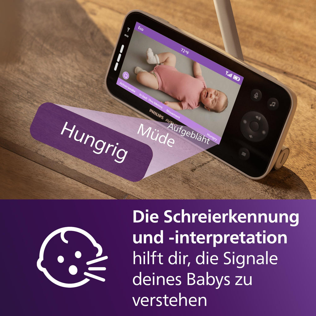 Philips AVENT Philips Premium Connected Videophone, das bisher Beste Babyphone, Schlaf- und Atmungs-Tracking mit KI, Schrei-Interpretation, DEKRA Zertifiziert privat und sicher, SCD973/26