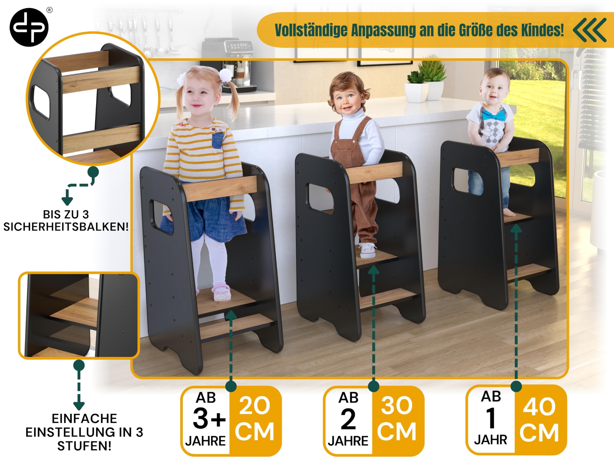 defiPad Lernturm ab 1 Jahr - 3 Stufen Höhenverstellbar, Sicher & Stabil - Learning Tower mit Kippschutz - Lernturm Montessori für Kinder - Hergestellt in der EU - Schwarz & Eiche