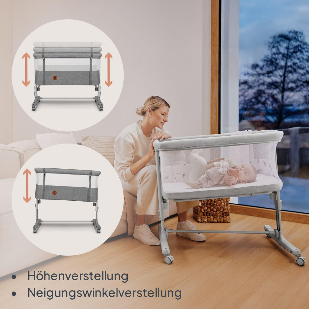 Lionelo Aurora 3 in 1 Babybett bis 9 kg, Beistellbett, Wiege, Höhenverstellug und Einstellung der Neigung der Matratze, 4 Räder mit Bremse Ergonomische Matratze Tasche