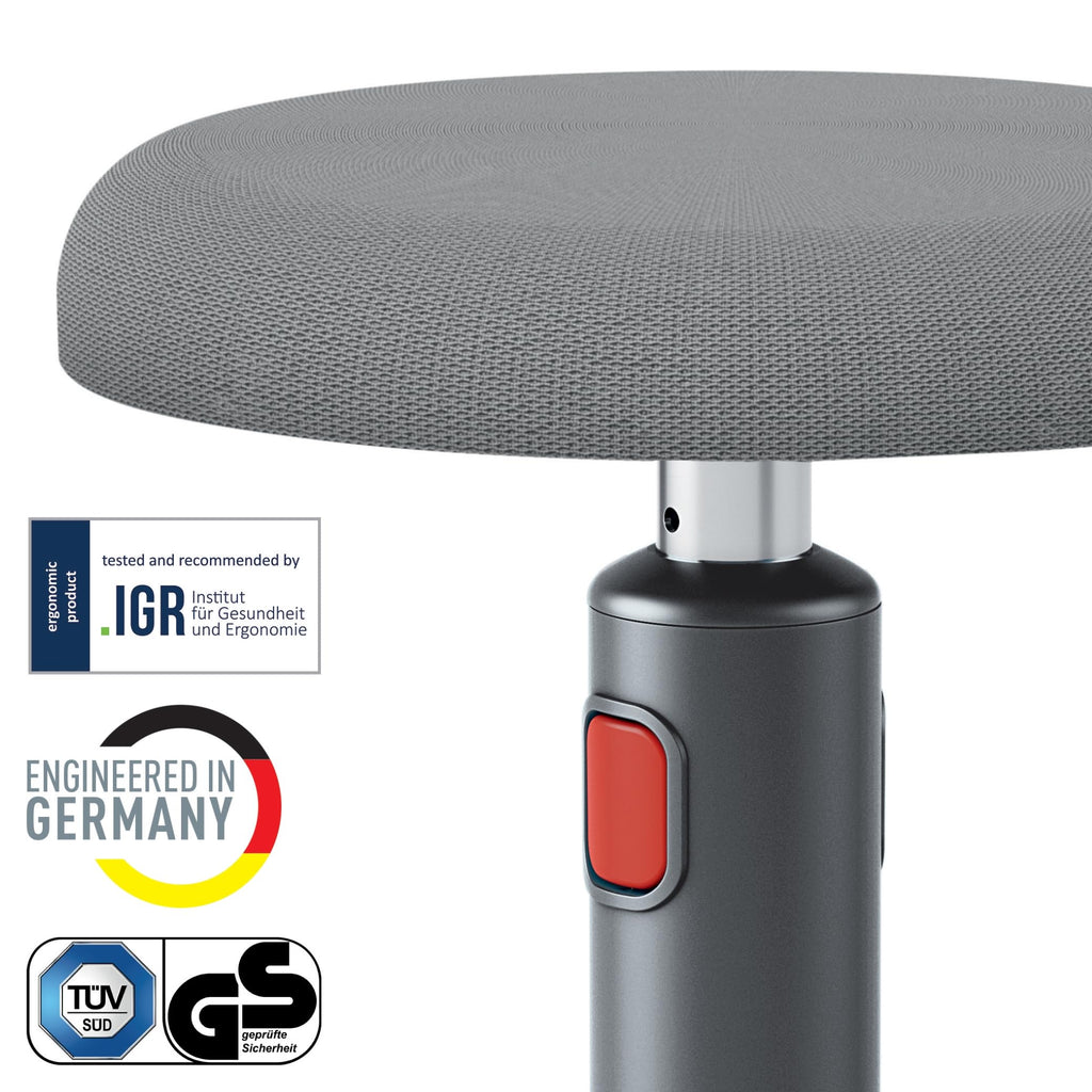 Leitz Active Sitz-Steh-Hocker, Ergonomischer höhenverstellbarer Wipphocker für 46 cm bis 79 cm Höhe, Runder Bürodrehstuhl oder -hocker, Ergo Cosy Serie, Grau, 65180089, Dunkelgrau