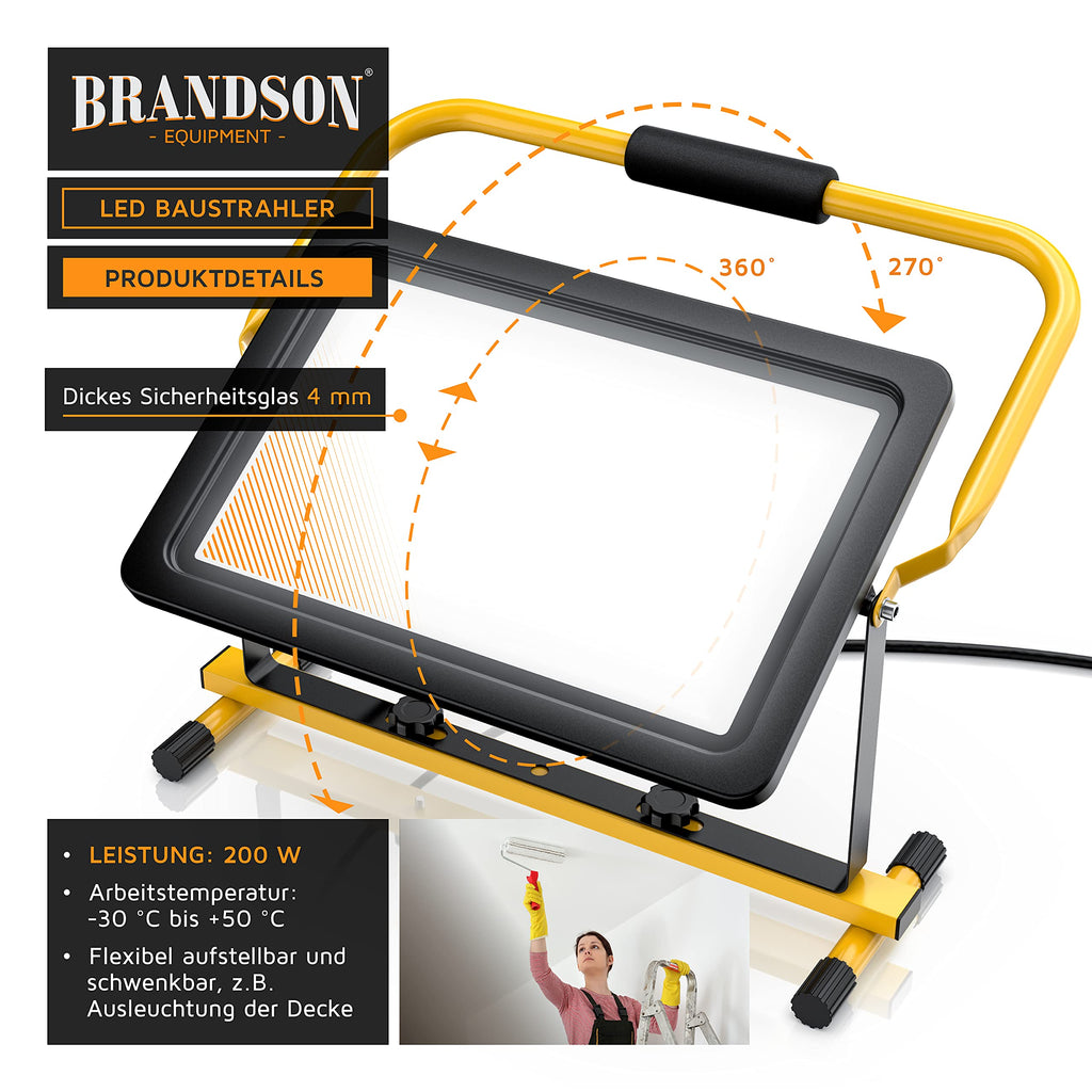 Brandson - 200W LED Baustrahler - Arbeitsscheinwerfer - Bauscheinwerfer - 288 SMD LEDs – 6400k - Standgestell und Tragegriff - 16000 Lumen – 4 m Stromkabel - Metallgehäuse