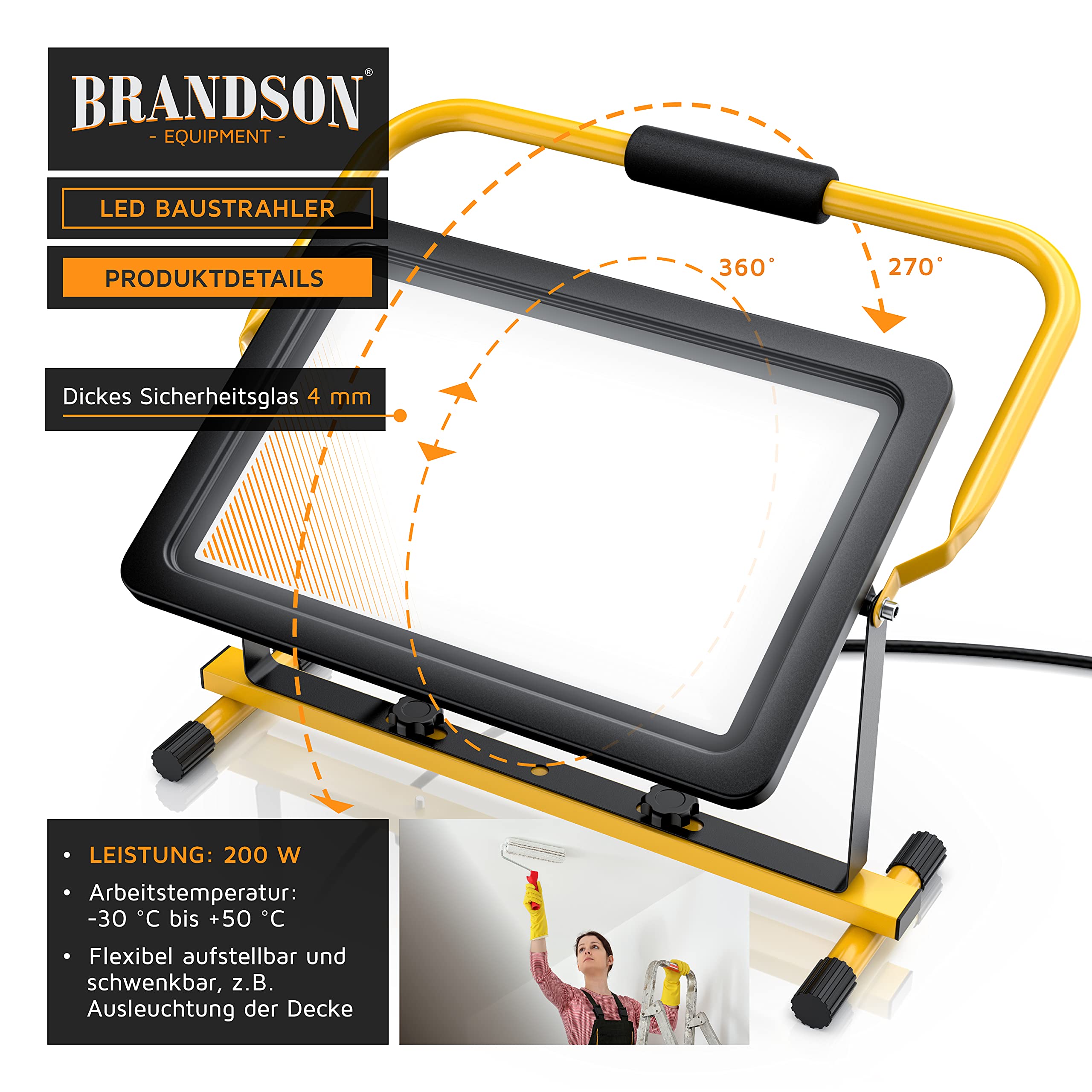 Brandson - 200W LED Baustrahler - Arbeitsscheinwerfer - Bauscheinwerfer - 288 SMD LEDs – 6400k - Standgestell und Tragegriff - 16000 Lumen – 4 m Stromkabel - Metallgehäuse