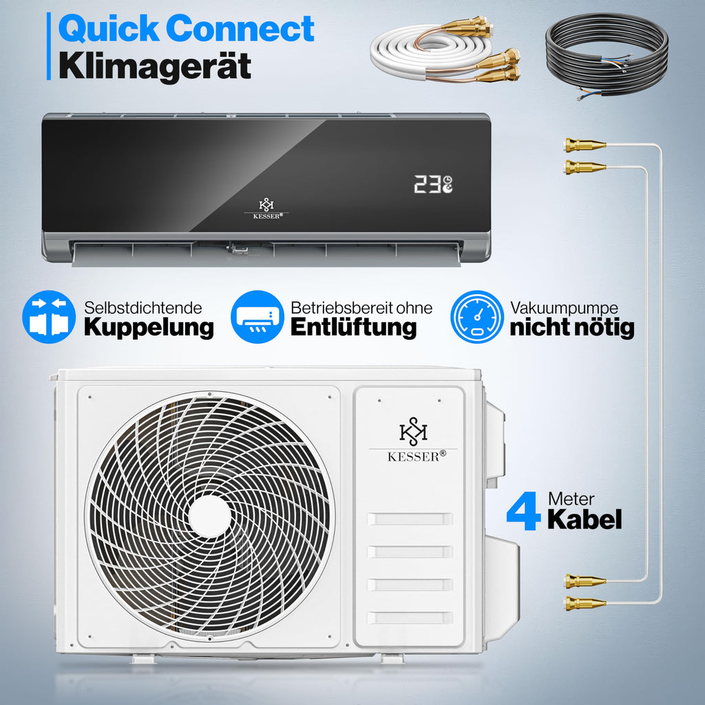 KESSER® Split Klimaanlage Set Quick Connect 12000 BTU 3,4 kW – WiFi & App Klimagerät mit Heizfunktion & Kühlmodus Wandklimaanlage, mit Kupferleitung Kältemittel R32 Inkl. Montagematerial