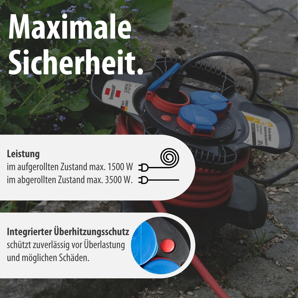 Brennenstuhl Gummi-Kabelhaspel X-Gum IP44 / Kabeltrommel für die Baustelle aus Gummi (10m, ständiger Einsatz im Außenbereich, Spezial-Gummimischung, Made in Germany)