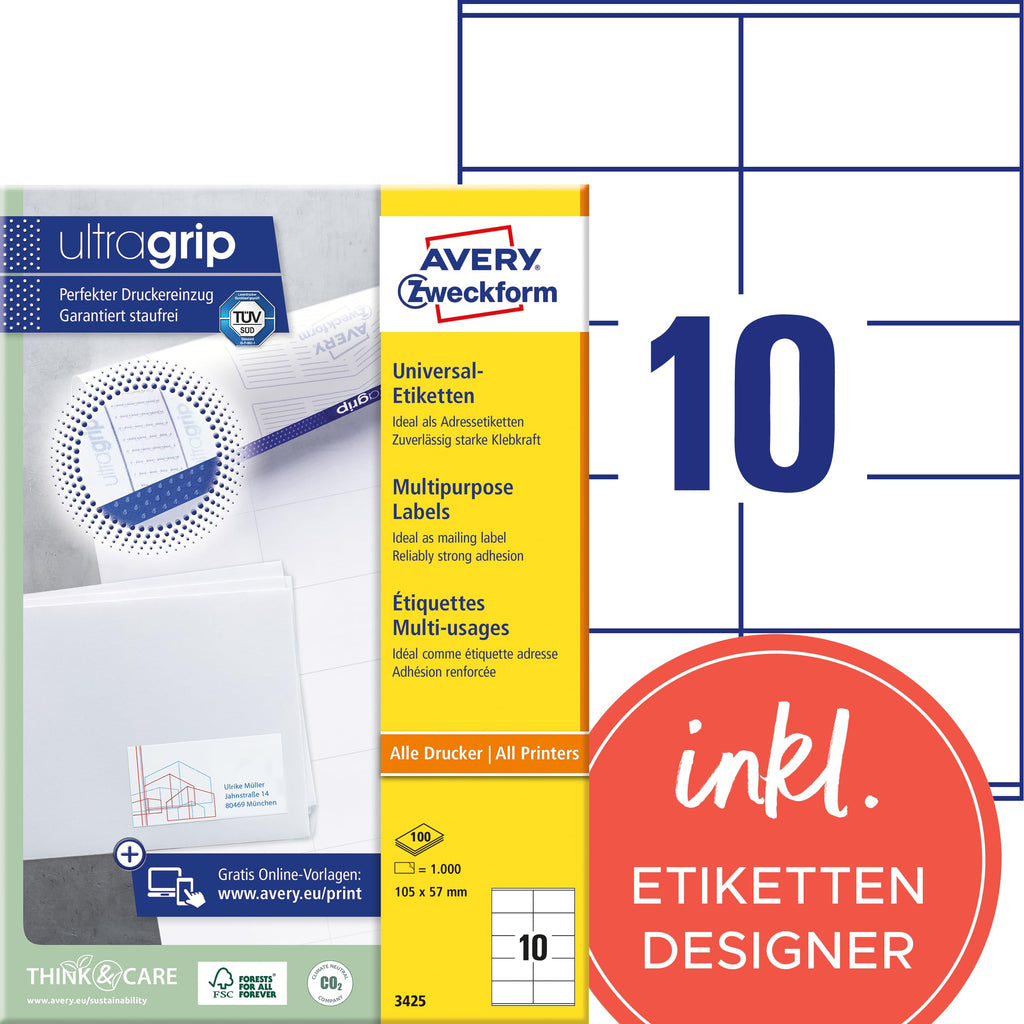 AVERY Zweckform 3425 Adressaufkleber (1.000 Klebeetiketten, 105x57mm auf A4, Papier matt, individuell bedruckbare Absenderetiketten, selbstklebende Adressetiketten mit ultragrip) 100 Blatt, weiß