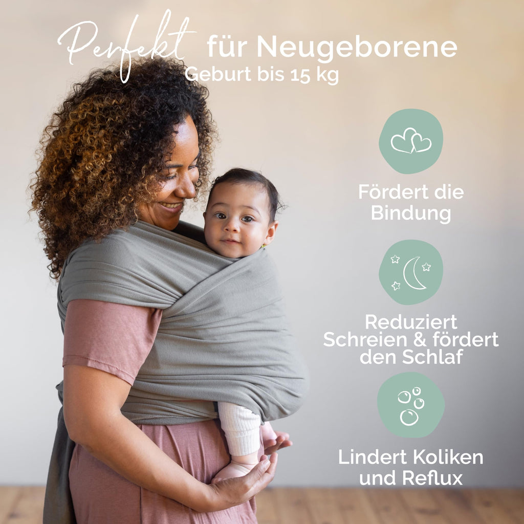 Boba Babytragetuch ab Geburt bis 15 kg - Kuschelweiches & Stützendes Baumwollfrottee, Tragetuch Baby Neugeboren bis Kleinkind, Einfach zu Binden (Grau)