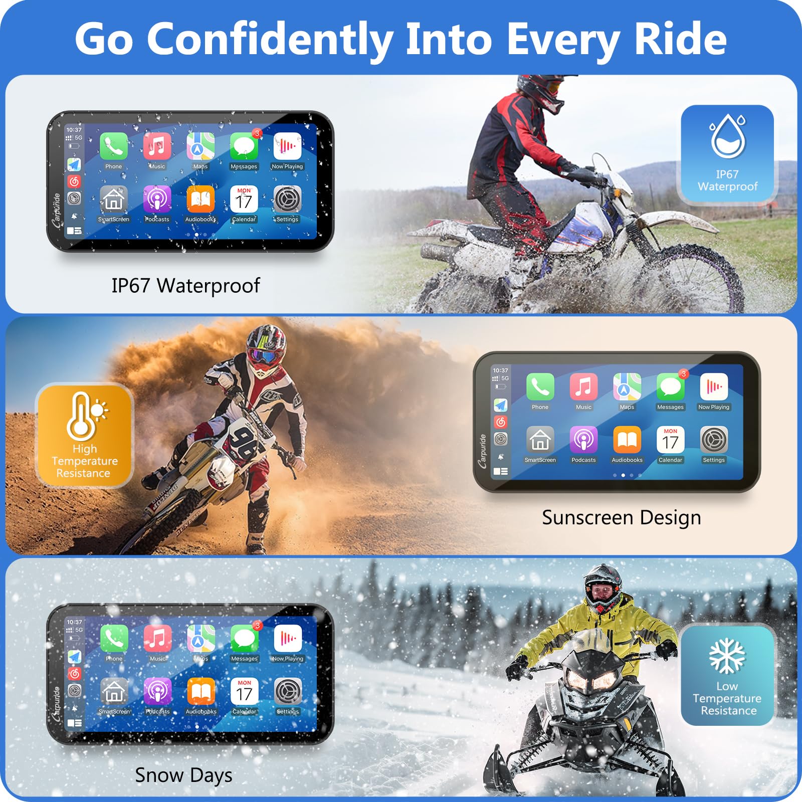 Carpuride W603D, 6,3-Zoll Motorrad-GPS-Carplay-Bildschirm, Kabelloses CarPlay und Android Auto für Moto, mit Doppelkameras, Fernbedienung, IP67 Wasserdichtem, BT Aduio, Loop-Aufnahme
