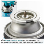 TOM Gasbrenner – Brenneraufsatz - Gaskartuschen mit Bajonettverschluss MSF-1A für Werkstatt, Garten, Küche & Co. – 1300°C – Piezozündung – Lötbrenner – Bunsenbrenner (Gasbrenner mit 4 Gaskartuschen)