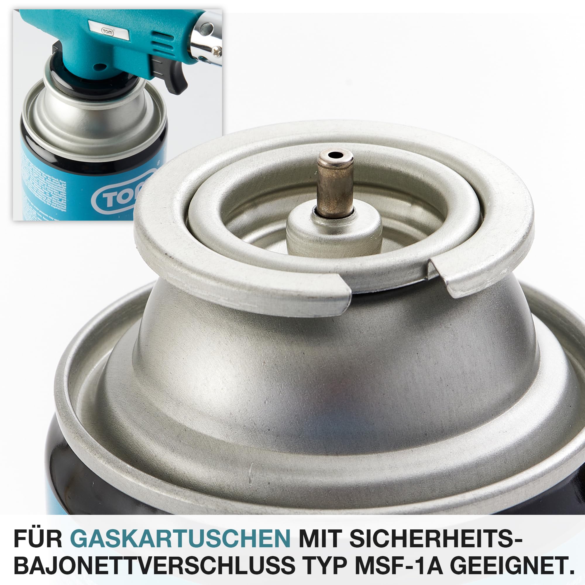 TOM Gasbrenner – Brenneraufsatz - Gaskartuschen mit Bajonettverschluss MSF-1A für Werkstatt, Garten, Küche & Co. – 1300°C – Piezozündung – Lötbrenner – Bunsenbrenner (Gasbrenner mit 4 Gaskartuschen)