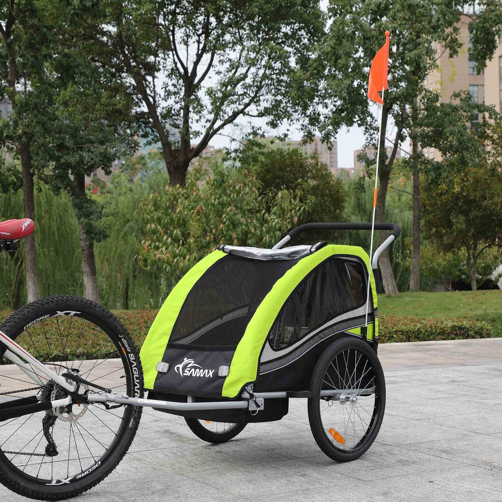 SAMAX Fahrradanhänger Jogger 2in1 360° drehbar Kinderanhänger Kinderfahrradanhänger Transportwagen vollgefederte Hinterachse für 2 Kinder in Grün - Black Edition