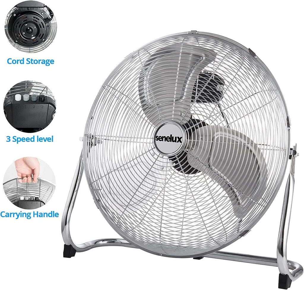 Senelux Bodenventilator – Fitnessstudio-Ventilator aus Chrom – 16-Zoll-elektrischer tragbarer Kühlventilator für den Heim-/Fitnessraum-/Bürogebrauch – 3 Geschwindigkeitseinstellungen mit Kippfunktion