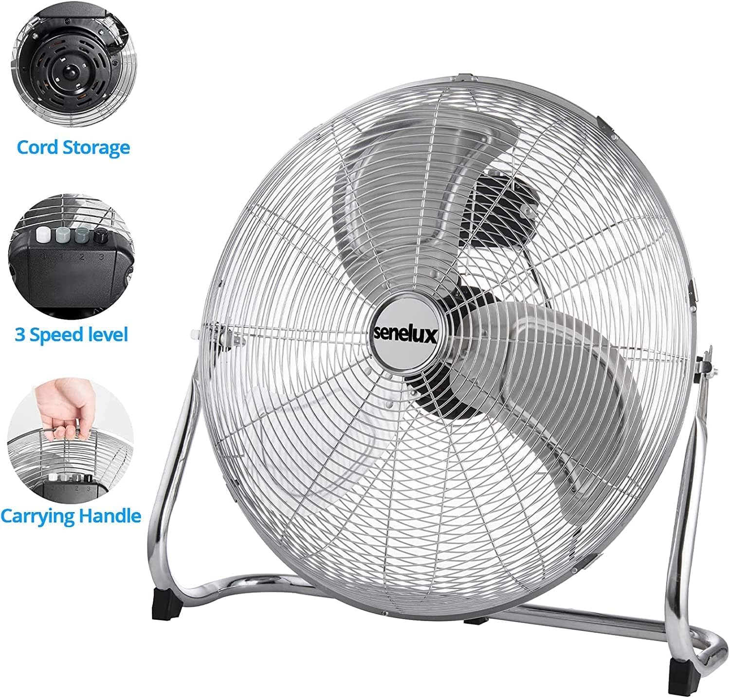 Senelux Bodenventilator – Fitnessstudio-Ventilator aus Chrom – 16-Zoll-elektrischer tragbarer Kühlventilator für den Heim-/Fitnessraum-/Bürogebrauch – 3 Geschwindigkeitseinstellungen mit Kippfunktion