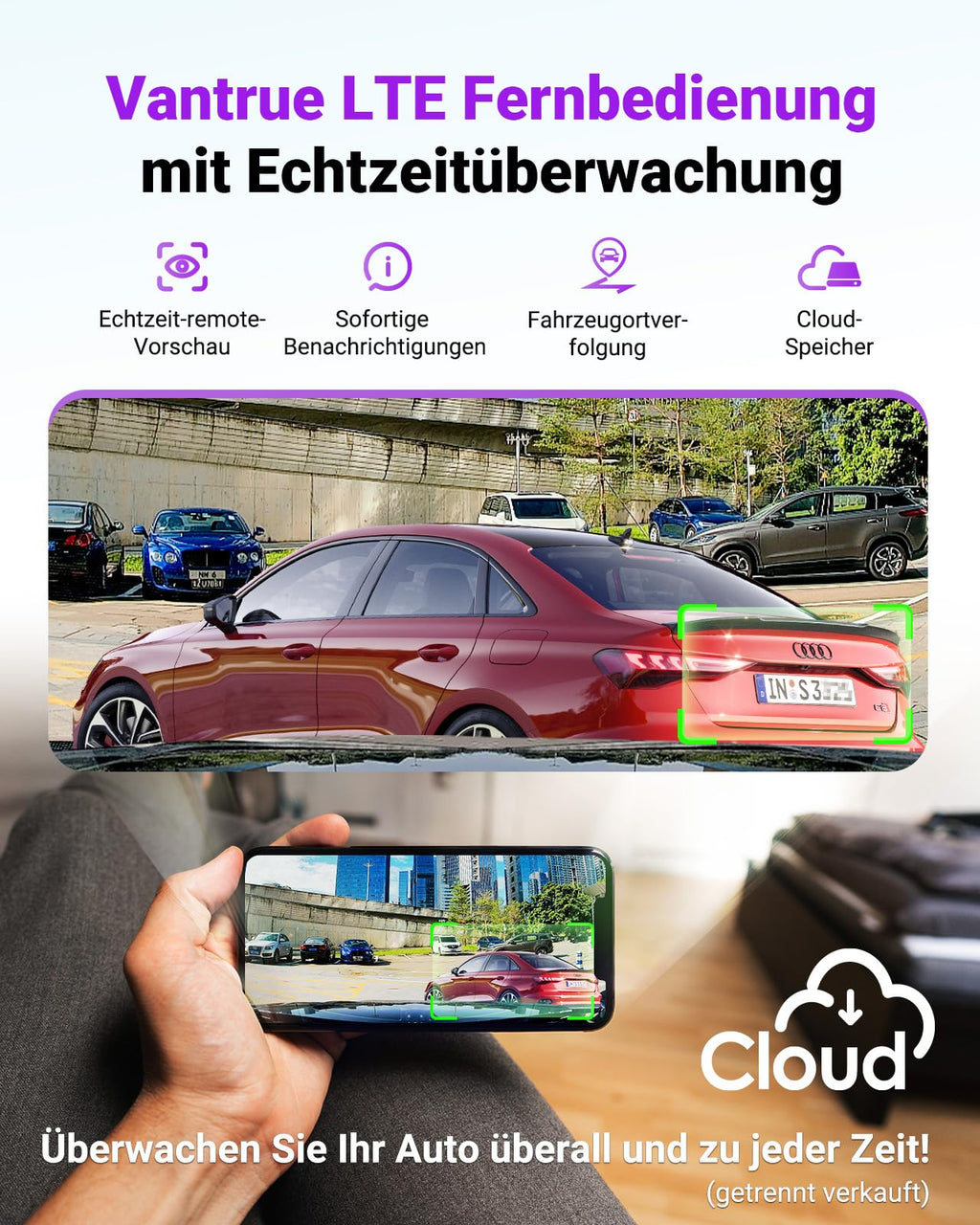 VANTRUE S1 PRO MAX 4K + 2.5K STARVIS 2 Dashcam Auto Vorne Hinten, 5G WLAN PlatePix AI Dash Cam GPS 360° HDR Puffer Parküberwachung Auto Kamera, LTE Optional, Sprachbefehl, Privatsphäremodi, 1TB Max