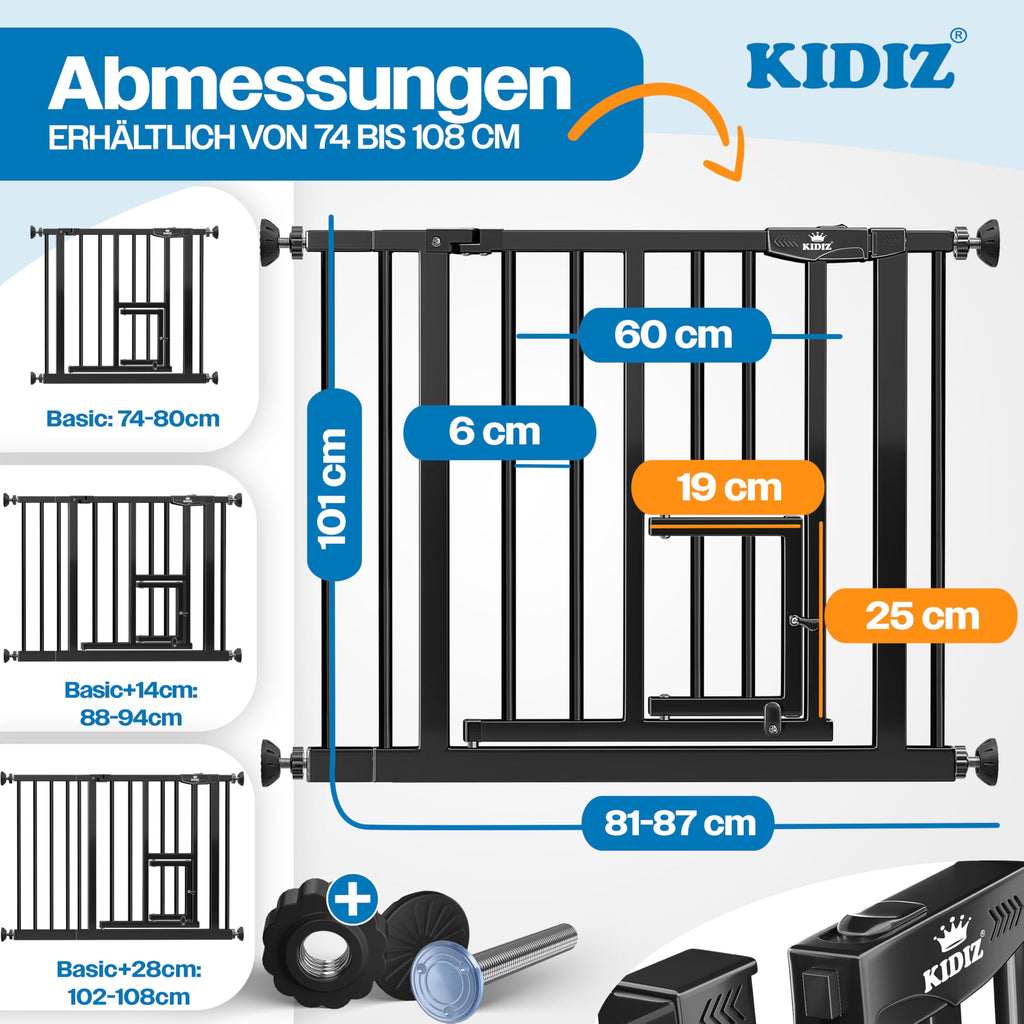 KIDIZ Absperrgitter zum Klemmen mit Katzenklappe, Türschutzgitter, Autoclose Kinder Treppengitter ohne Bohren | 90° Stopp Schutz, schwenkbar, Treppenschutzgitter, Schwarz, Breite: 81-87 cm