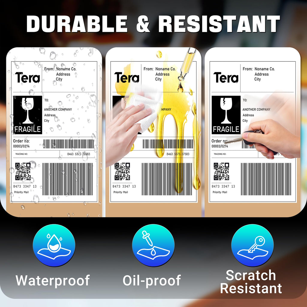 Tera Shipping Label Versandetiketten 100 x 150 mm, 250 Labels x 6 Rollen = 1500 Labels für Verschiedene Drucker BPA-Frei Selbstklebend Adressetiketten mit Gratis-Etiketten für Zerbrechliche Waren…