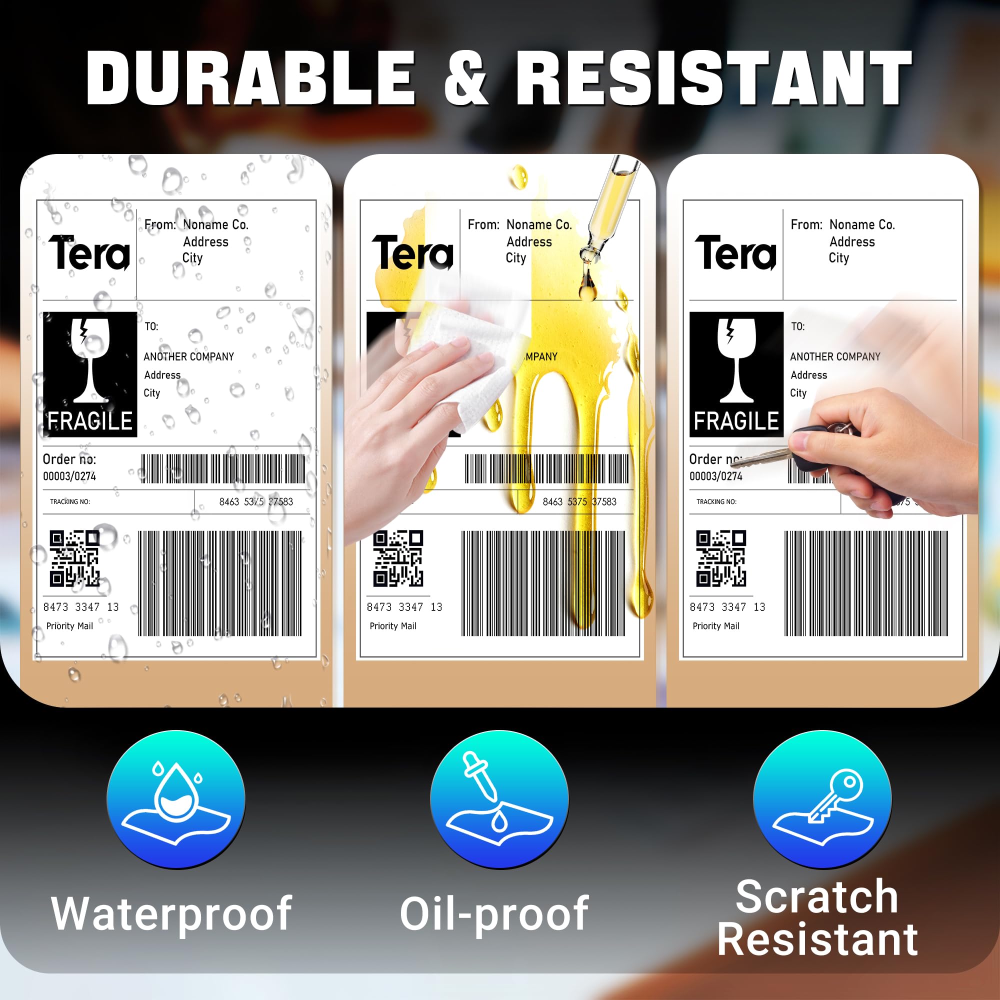 Tera Shipping Label Versandetiketten 100 x 150 mm, 250 Labels x 6 Rollen = 1500 Labels für Verschiedene Drucker BPA-Frei Selbstklebend Adressetiketten mit Gratis-Etiketten für Zerbrechliche Waren…