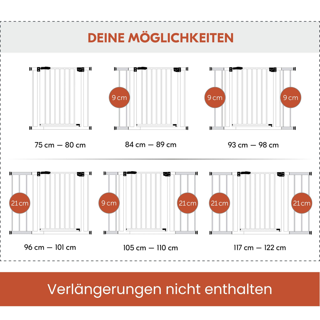 hauck Open N Stop 2, Weiß - Kinderschutzgitter Hundegitter, Verstellbare Breite 75-80 cm, 77 cm Hoch, Beidseitige Einhand Öffnung, ohne Bohren, für Innen