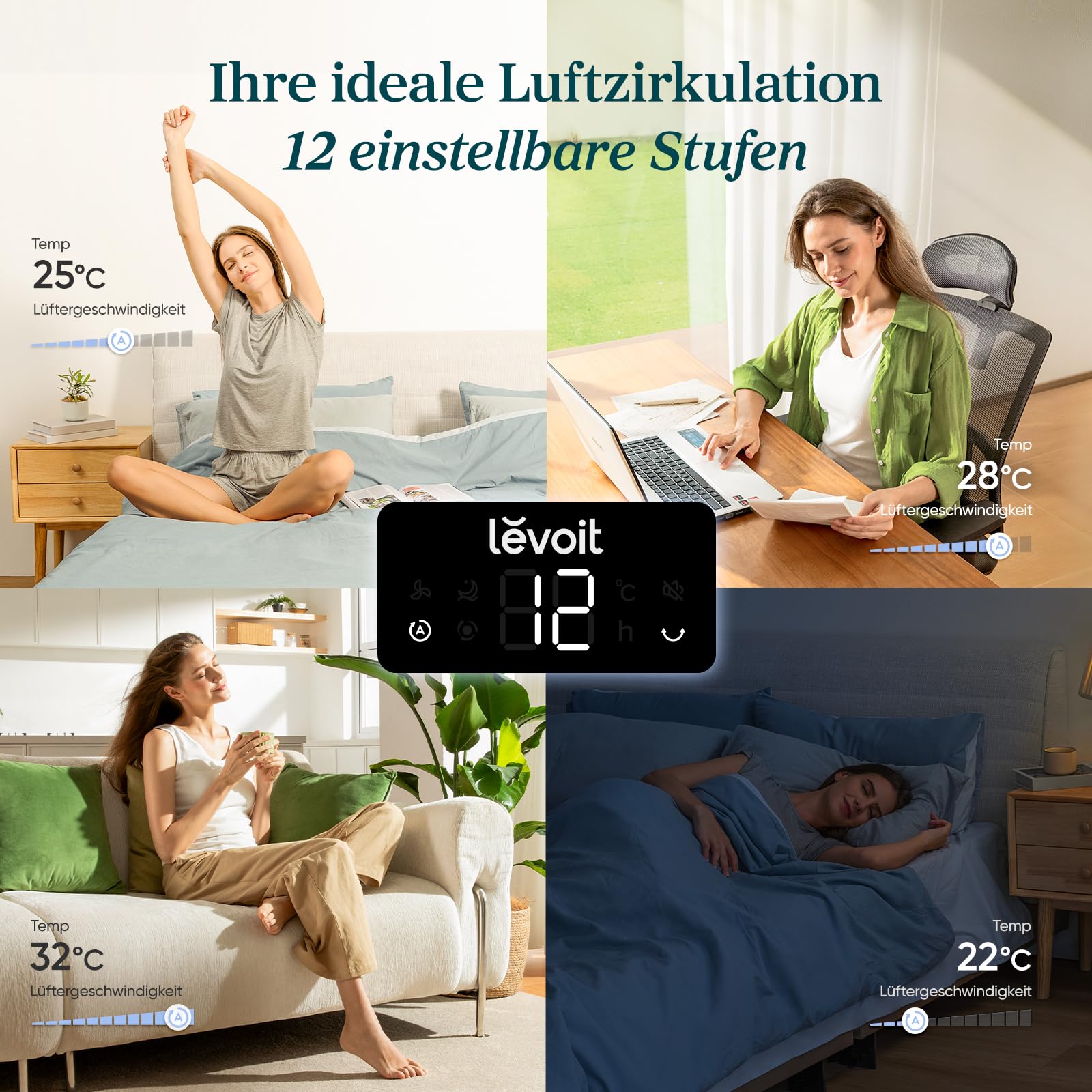 Levoit - DC Motor Turmventilator - 20dB sehr leiser Ventilator - 4 Modi/12 Stufen/12 Std Timer - Fernbedienung & Kühlung - Tower Fan mit 7,9m/s Geschwindigkeit - 24W Standventilator - Weiß, 92 cm