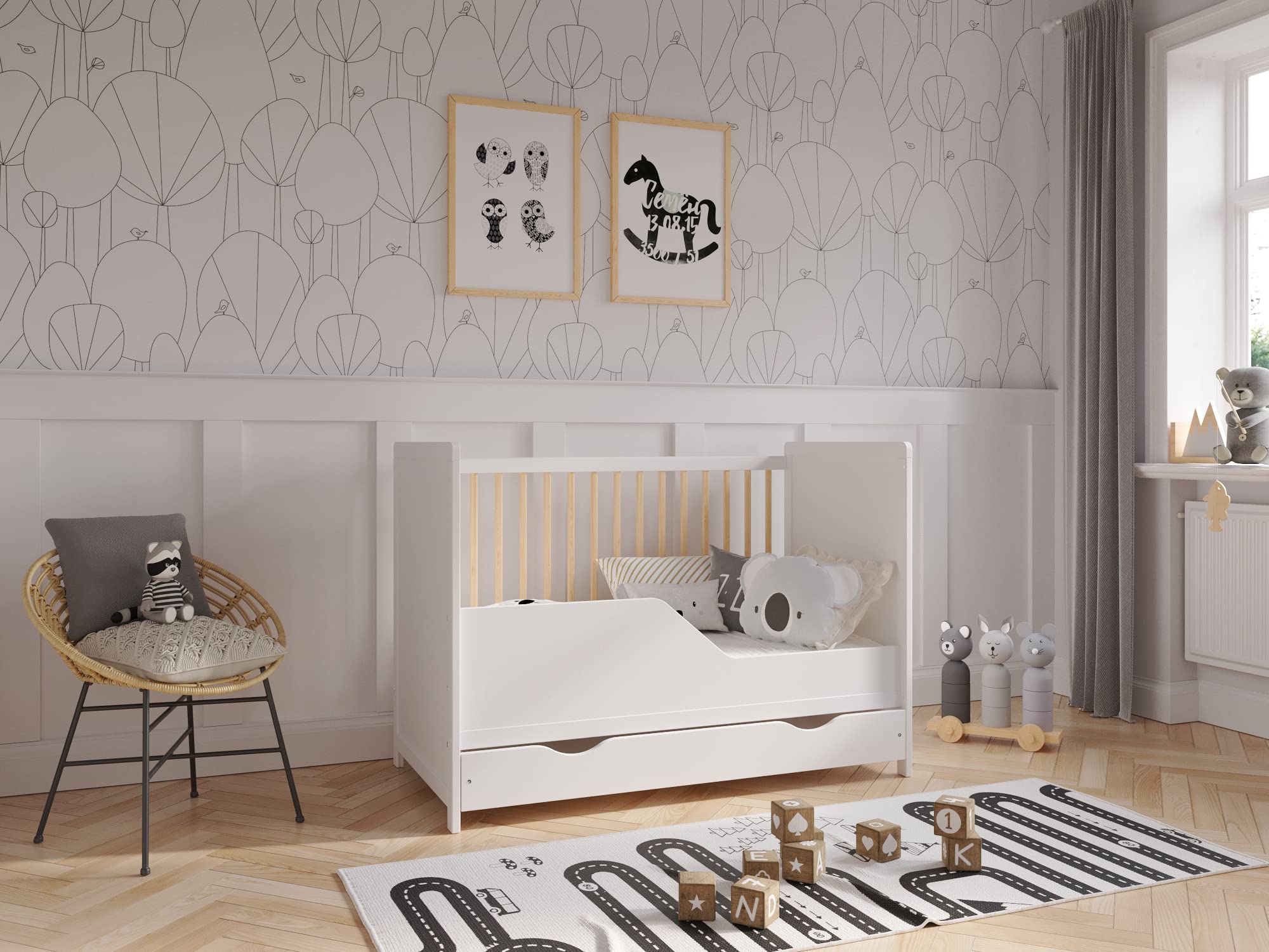 Love For Sleep Babybett Beistellbett 120x60cm mit Schaumstoffmatratze mit gestepptem Bezug Weiß-Kiefer Tokyo Kinderbett Baby Bett Holz - Kinderbett Babybett, Mitwachsend Gitterbett Baby Bed