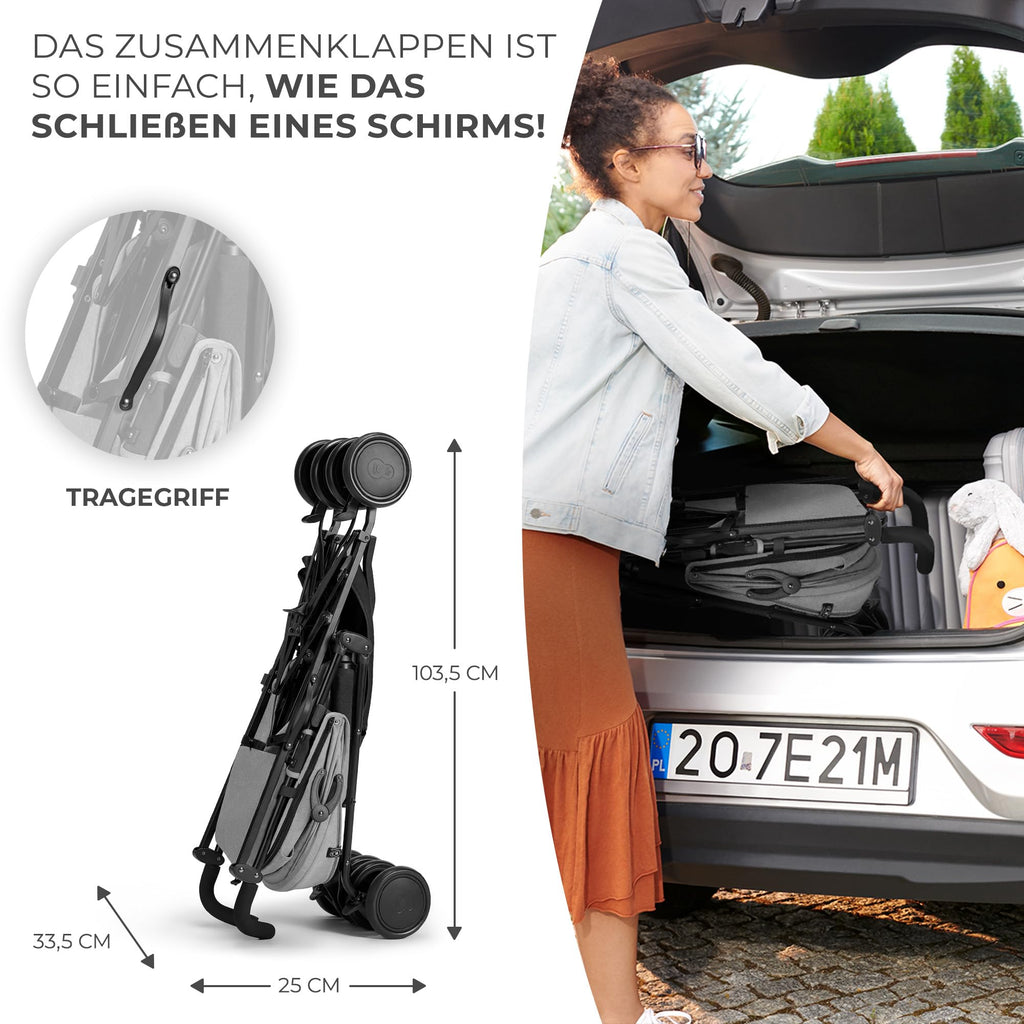 Kinderkraft Kinderwagen SIESTA, Leichte Reise Buggy, Verstellbare Rückenlehne, Liegeposition, Kleine Maße nach Zusammenklappen, Vergrößerbares Verdeck, Für ältere Kinder, bis 22 kg, Grau